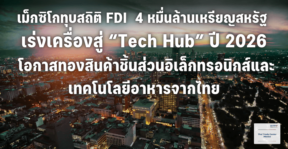 เม็กซิโกทุบสถิติ FDI  4 หมื่นล้านเหรียญสหรัฐ เร่งเครื่องสู่ “Tech Hub” ปี 2026  โอกาสทองสินค้าชิ้นส่วนอิเล็กทรอนิกส์และเทคโนโลยีอาหารจากไทย