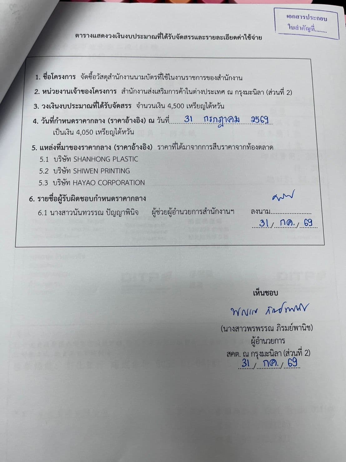 ราคากลางการจัดซื้อวัสดุสำนักงานนามบัตรที่ใช้ในราชการของสำนักงาน