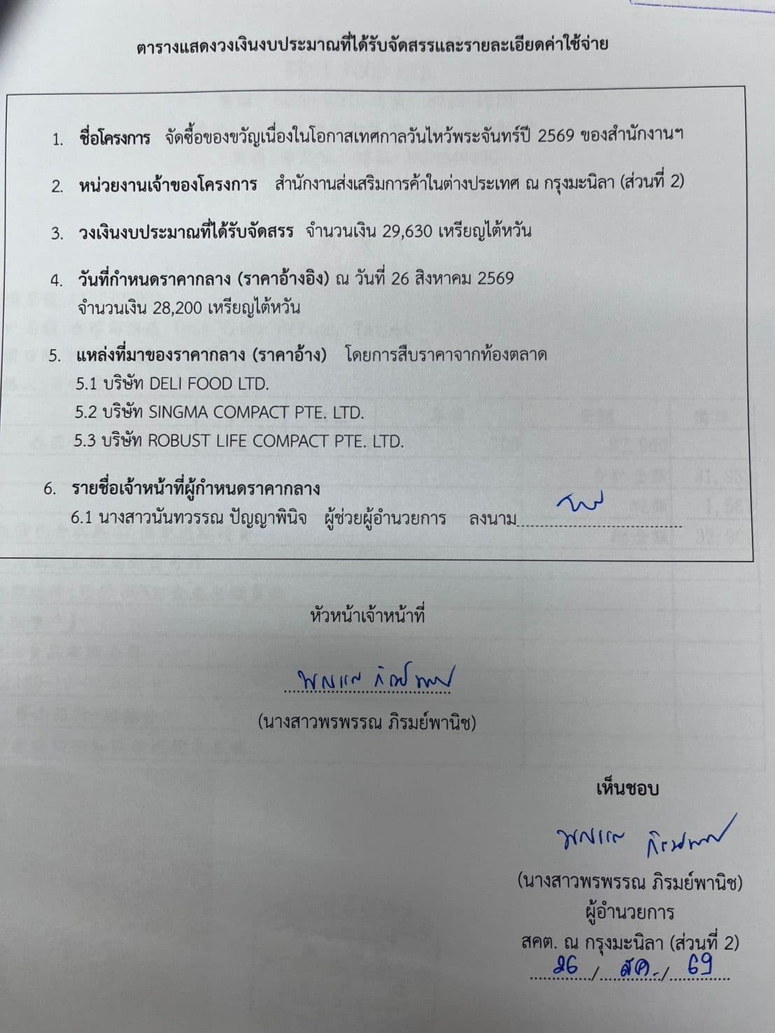 ตารางแสดงราคากลางจัดซื้อของขวัญเนื่องในโอกาสเทศกาลวันไหว้พระจันทร์ปี 2569 ของสำนักงานฯ 