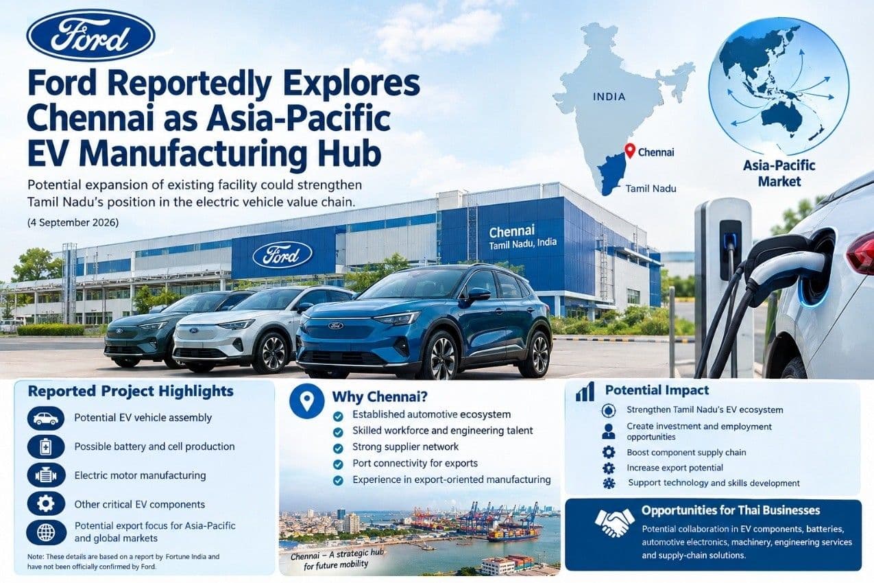 Ford พิจารณาใช้โรงงานเจนไน เป็นฐานผลิตรถยนต์ไฟฟ้าสำหรับตลาดเอเชียแปซิฟิก สะท้อนศักยภาพรัฐทมิฬนาฑู ในฐานะฐานการผลิตยานยนต์และห่วงโซ่อุปทาน EV ของอินเดีย