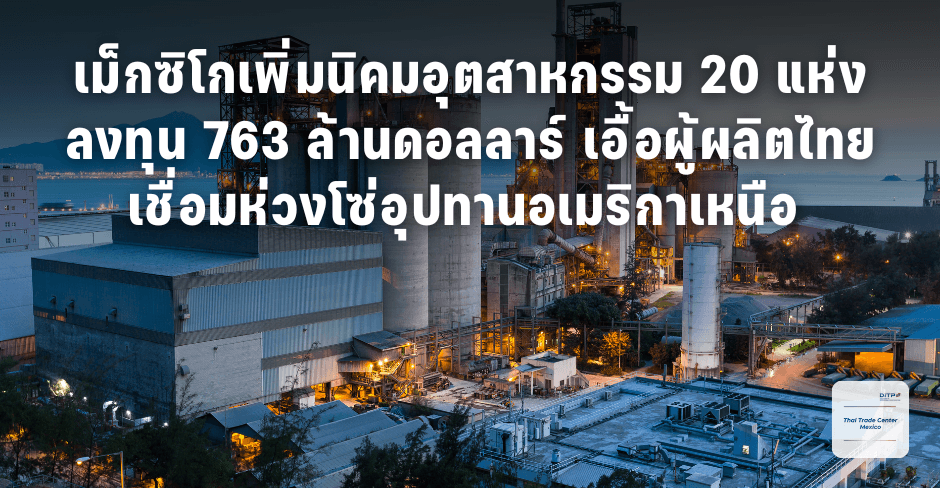 เม็กซิโกเพิ่มนิคมอุตสาหกรรม 20 แห่ง ลงทุน 763 ล้านดอลลาร์ เอื้อผู้ผลิตไทยเชื่อมห่วงโซ่อุปทานอเมริกาเหนือ